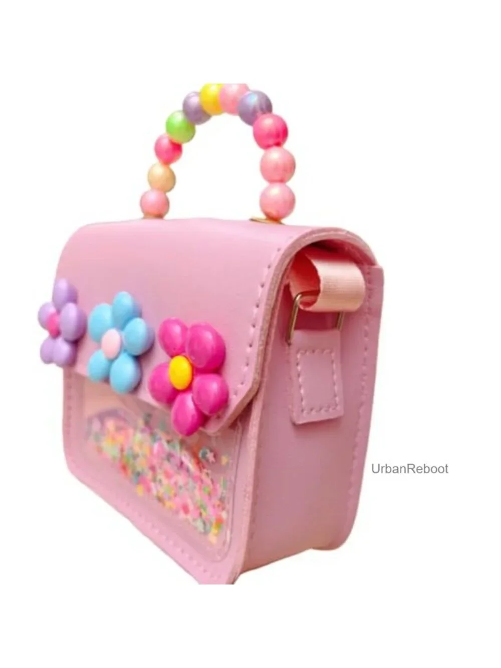 Girls Mini Purse with Flower Decor Sequin Crossbody Bag Beaded Handle
